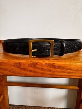 Vintage Jones New York Black Croc-Embossed Belt with Gold Buckle